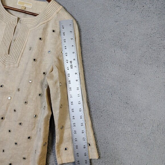 Michael Kors Top Women's Large Tan 100% Linen Sequence Mirror Work Tunic Coastal - Picture 5 of 12